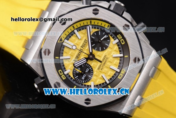 Audemars Piguet Royal Oak Offshore Diver Swiss Valjoux 7750 Automatic Steel Case with Yellow Dial Yellow Rubber Strap and Stick/Arabic Numeral Markers (EF) - Click Image to Close